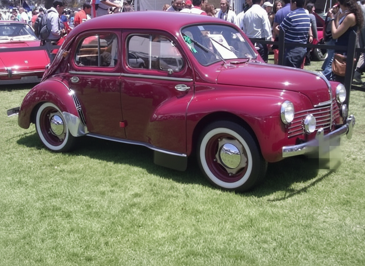 Renault 4CV guinda destacando en un evento del club