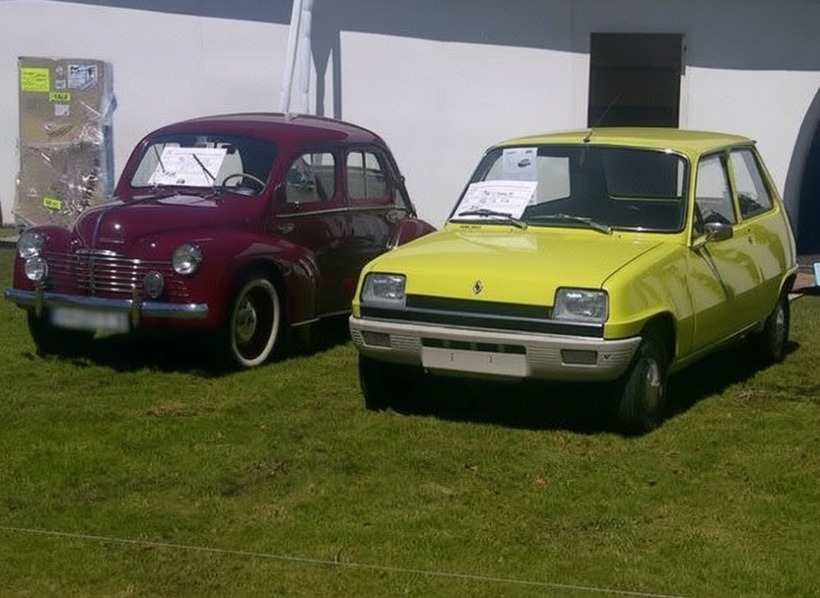 Renault 4CV guinda junto a un Renault 5 amarillo en exhibición