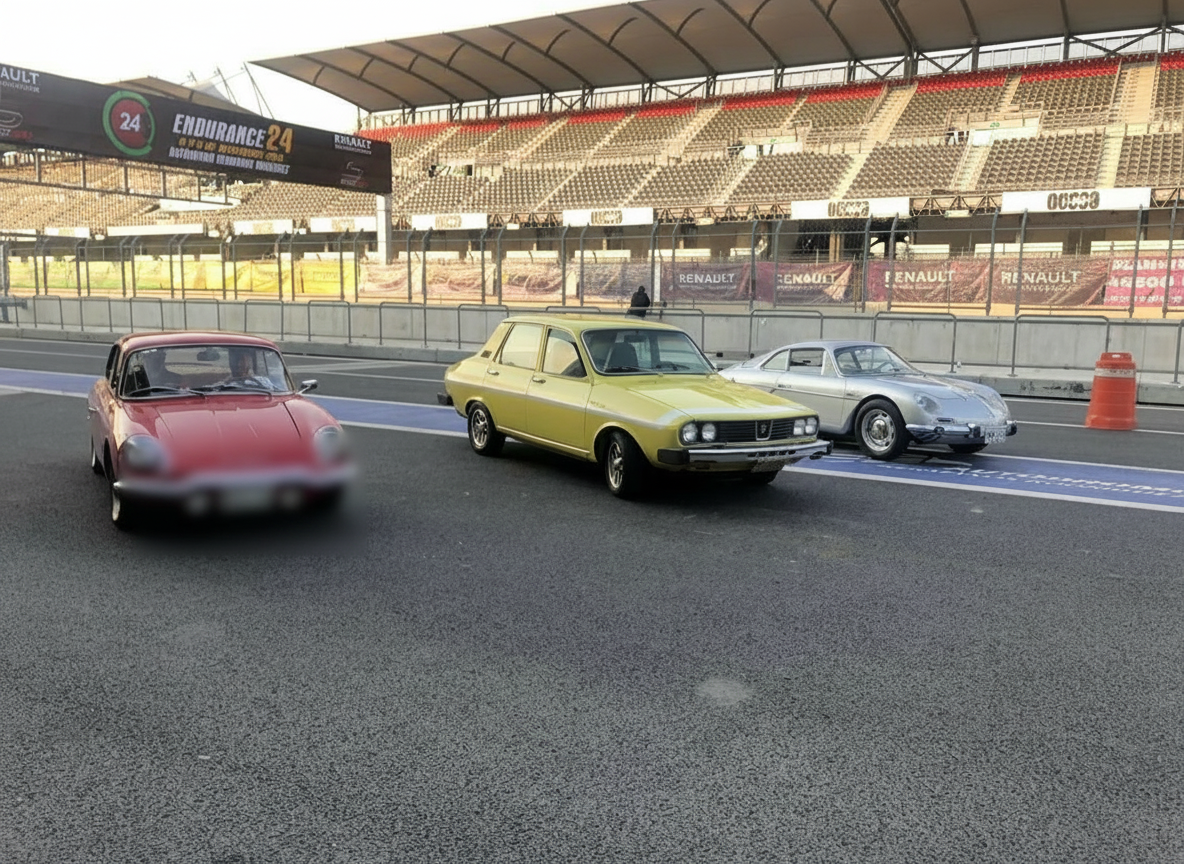 Alpine rojo, Renault 12 amarillo y Alpine plata abriendo pista en el Hermanos Rodríguez