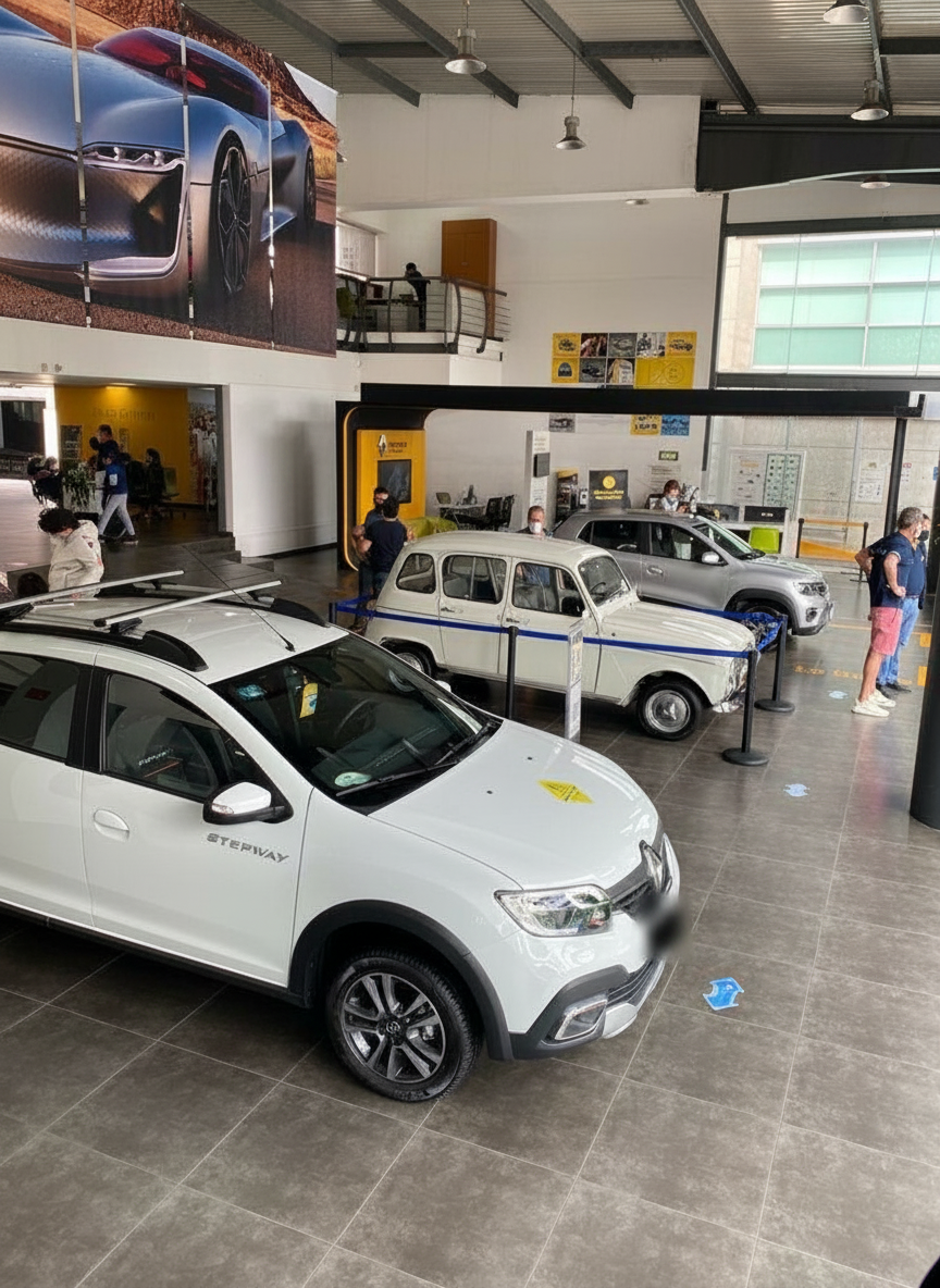 Renault 4 clásico exhibido en agencia Renault