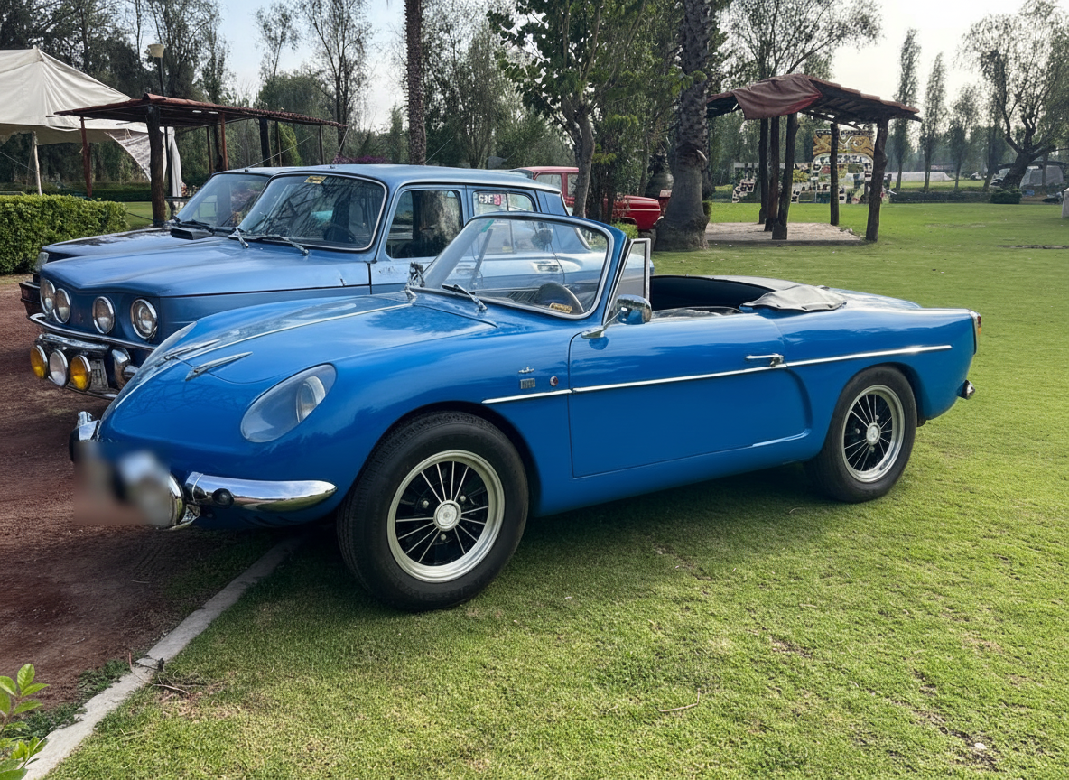 Alpine A110 cabriolet azul en jardín
