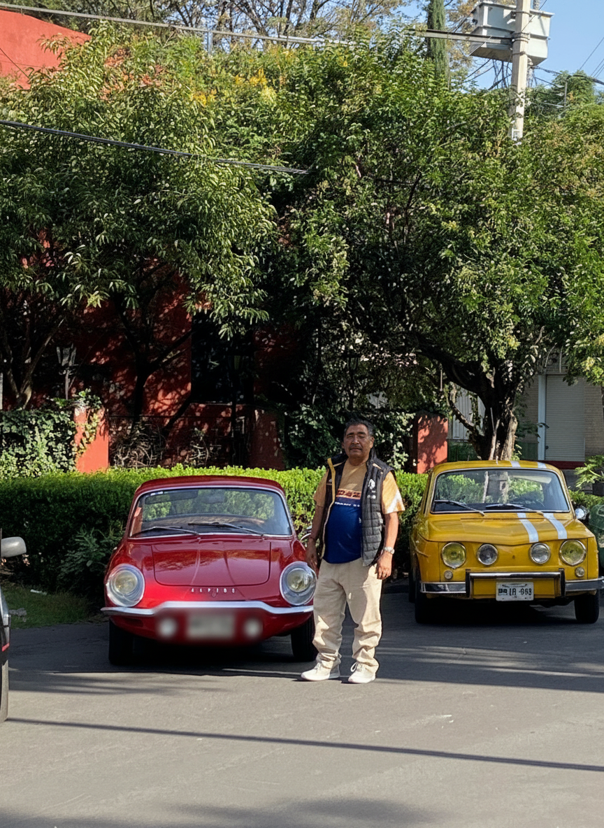 Alpine A110 rojo junto a Renault 8 amarillo en calle arbolada