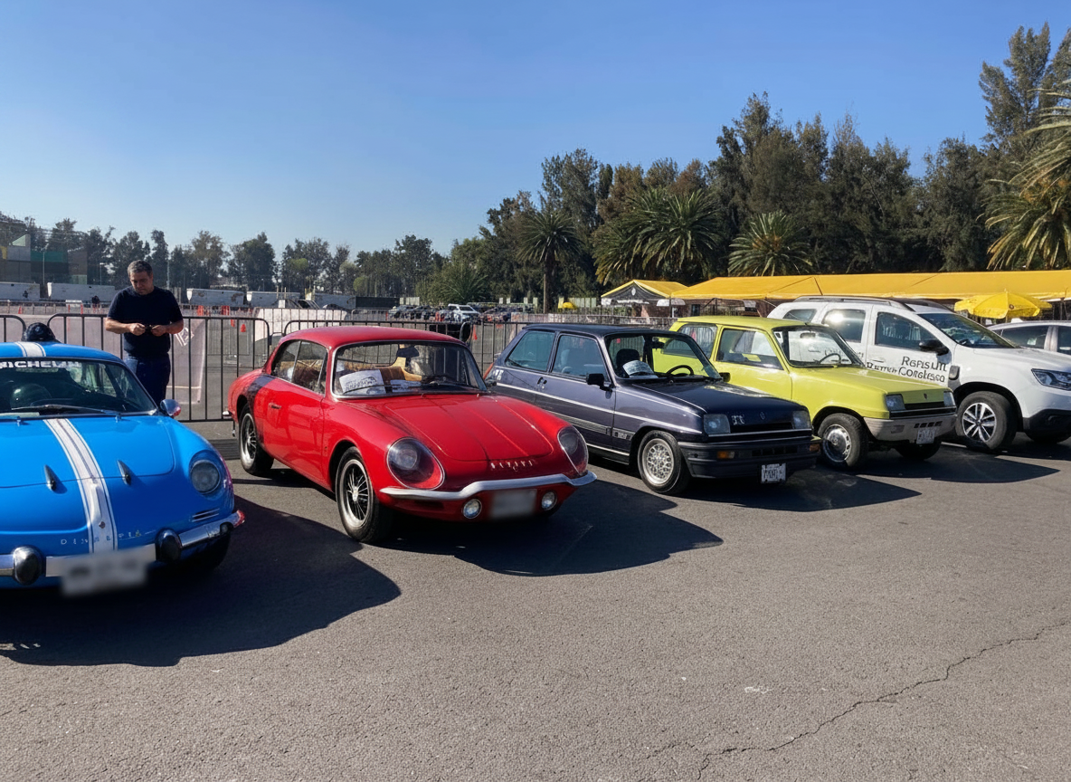 Dinalpin azul, Alpine rojo, Renault 5 TX y Renault 5 amarillo en el Autódromo Hermanos Rodríguez