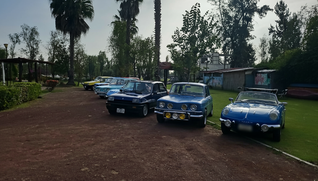 Renault 5, R8 Major y Alpine A110 azules en fila sobre terracería