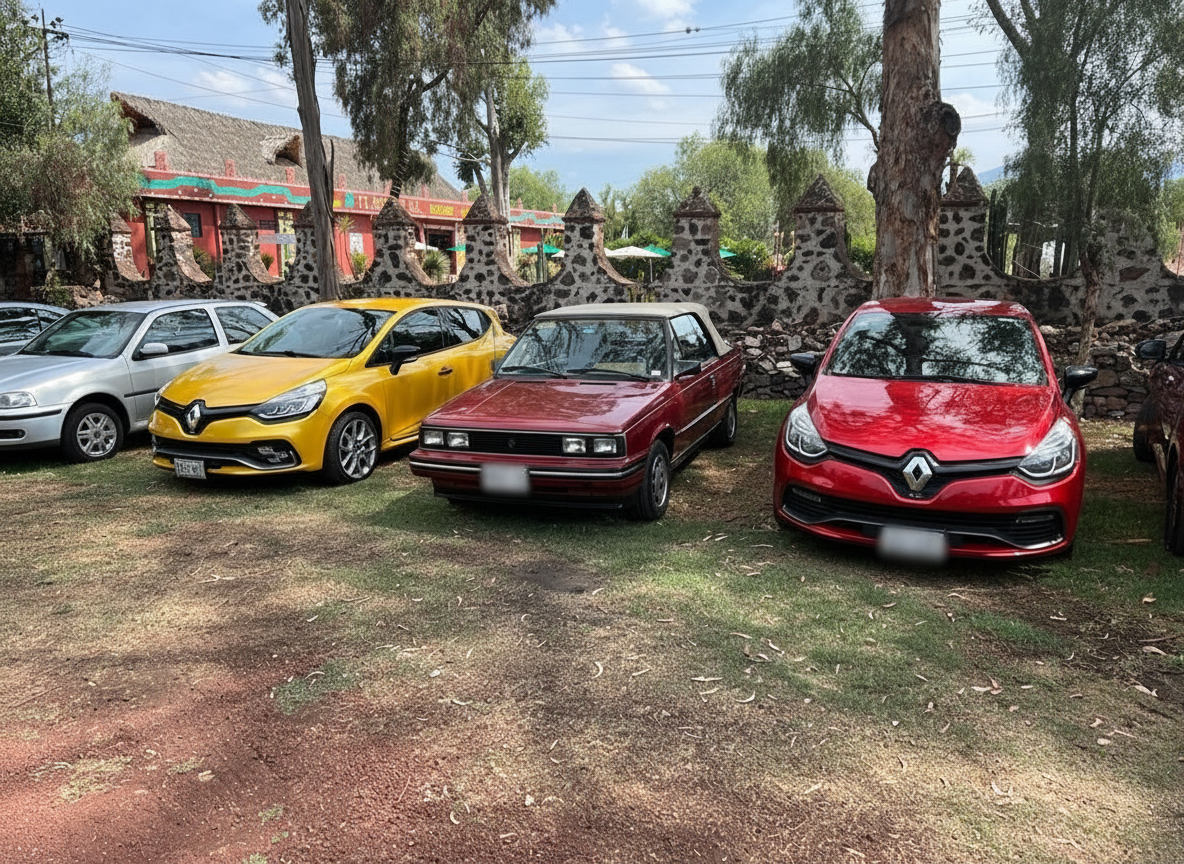 Clio amarillo, R9 convertible rojo y Clio rojo en desayuno del club