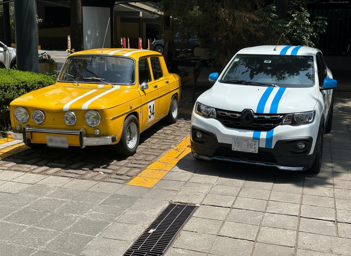 Renault 8 amarillo de competencia junto a un Renault Kwid blanco con franjas azules