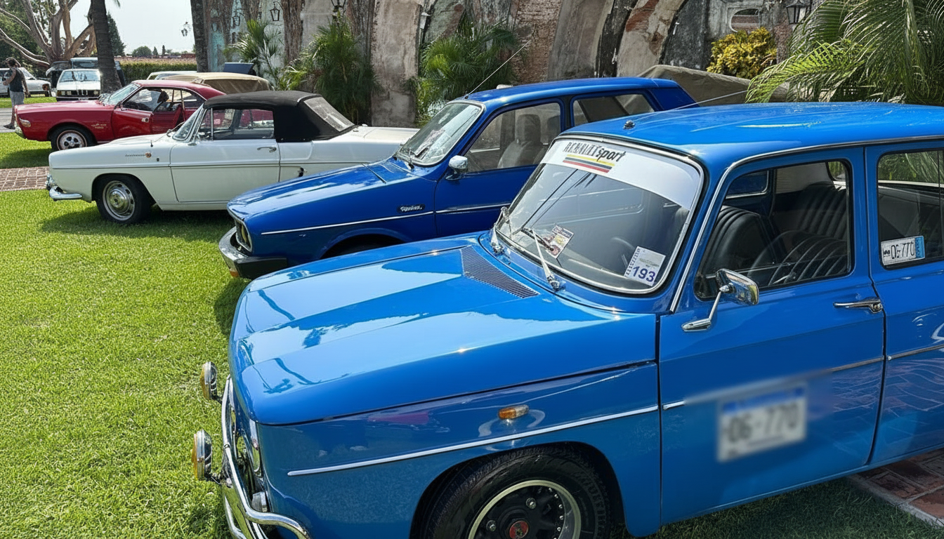 Renault 8 y Routier azules junto a un Floride en exhibición