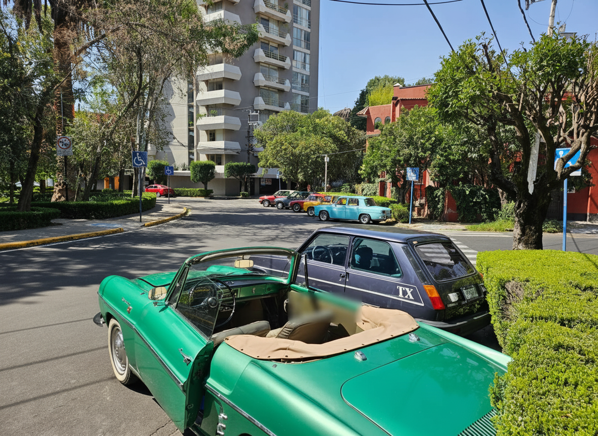Renault Floride verde convertible, R5 TX y R8 azul cielo en esquina arbolada