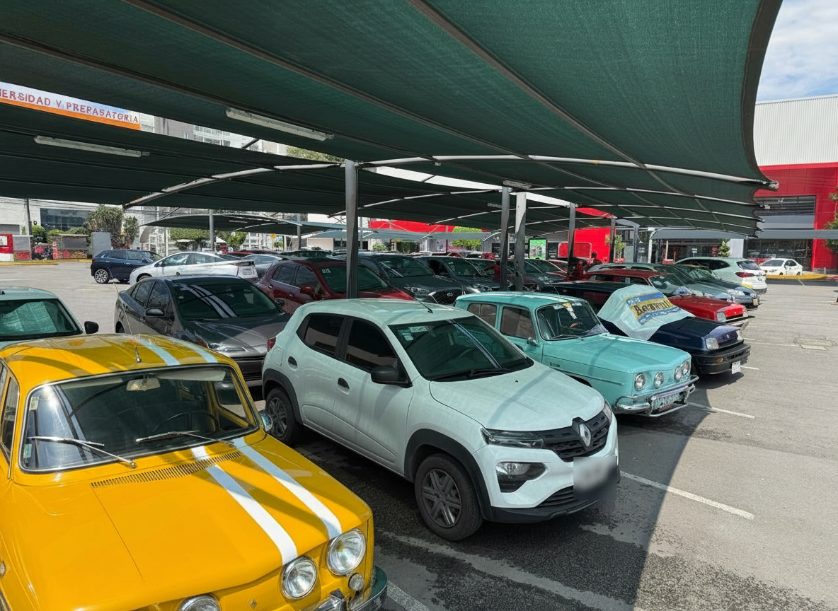 Renault 8 amarillo y turquesa junto a Kwid y otros Renault en otro desayuno del CRGS