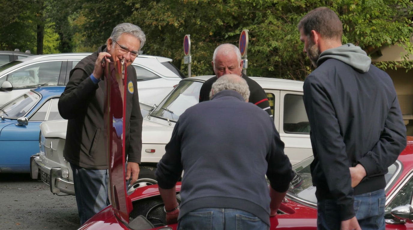 Pierre, miembro del CRGS, con entusiastas Renault en Francia