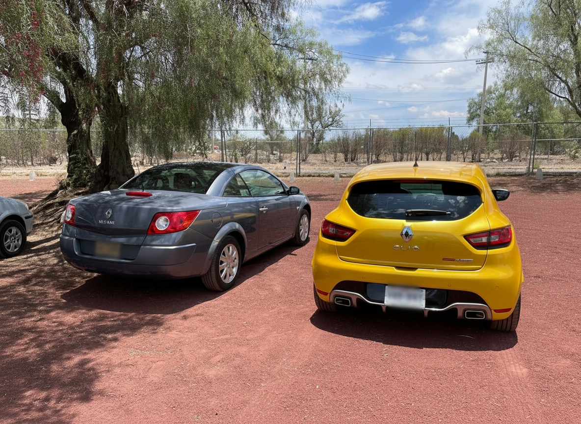 Renault Mégane cabriolet gris y Clio RS amarillo en las pirámides