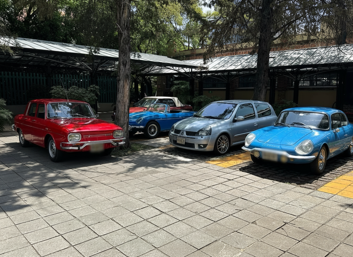 Renault 10 rojo, Floride blanco y rojo, Clio plata y Dinalpin azul en Plaza Loreto