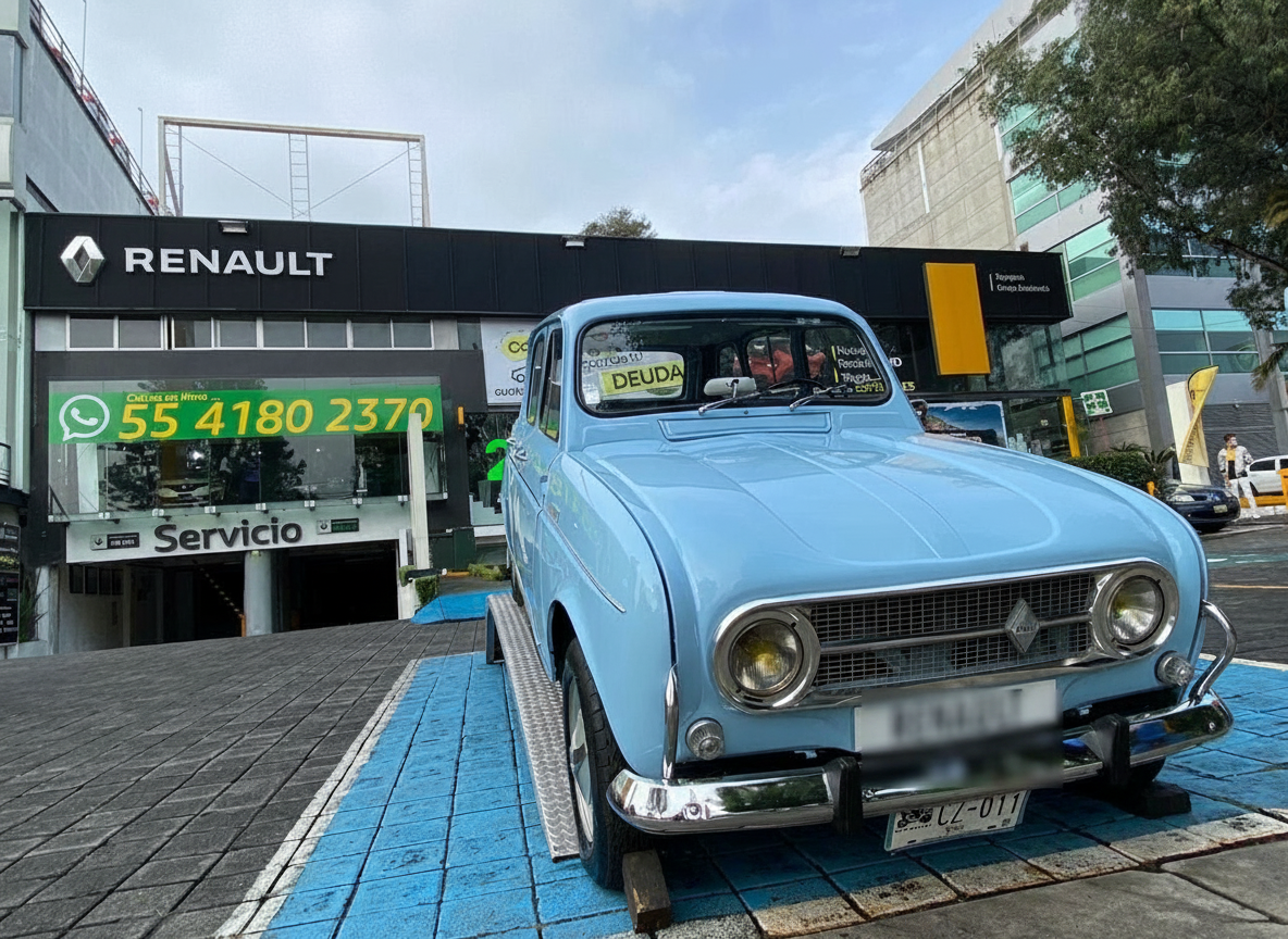 Renault 4 azul cielo exhibido frente a la agencia Renault
