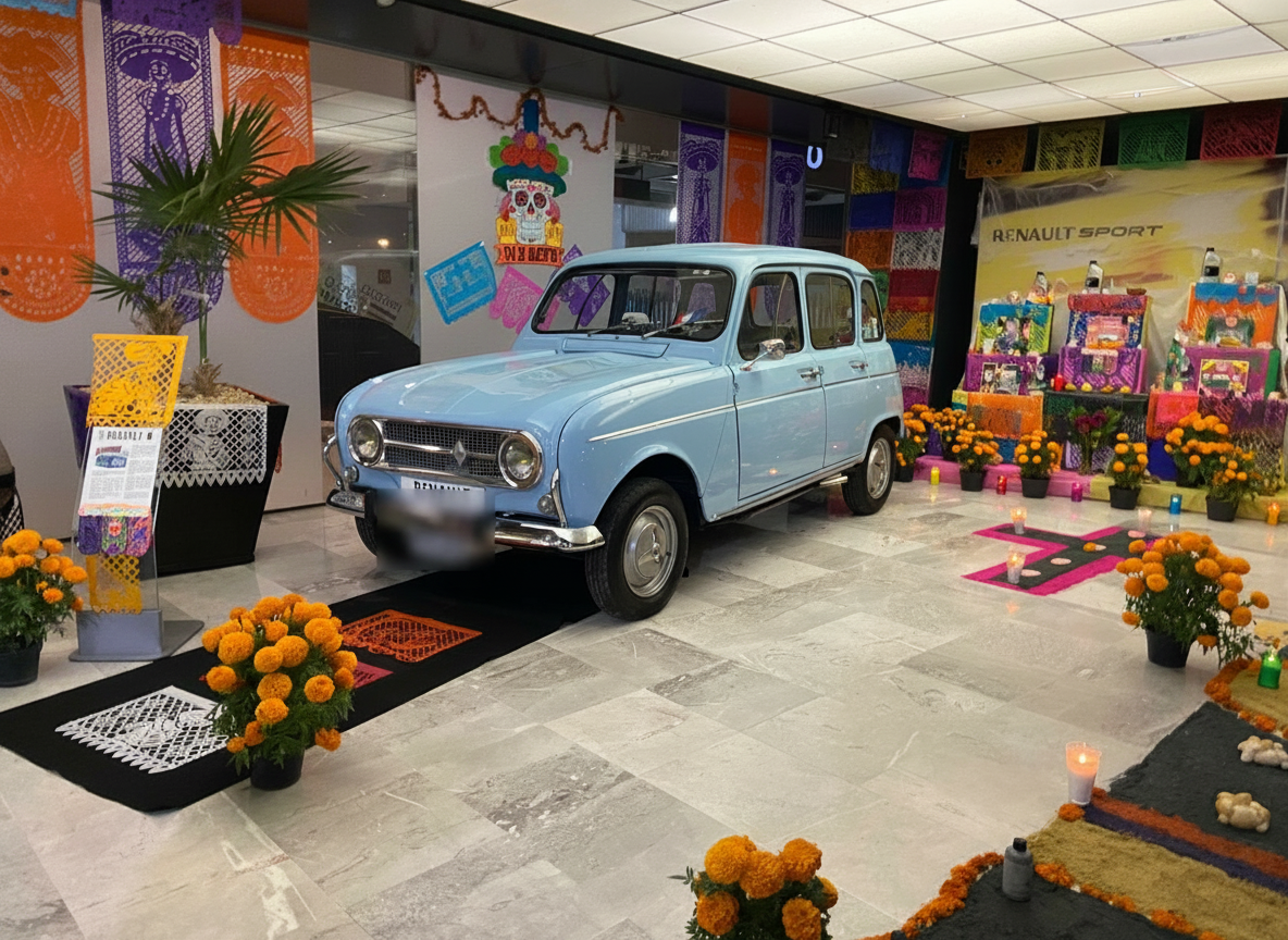 Renault 4L celeste decorado para Día de Muertos con cempasúchil y papel picado