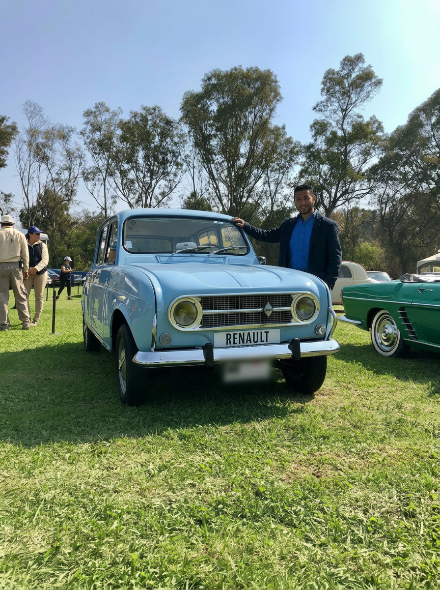 Renault 4L celeste con placa Renault en exhibición sobre pasto