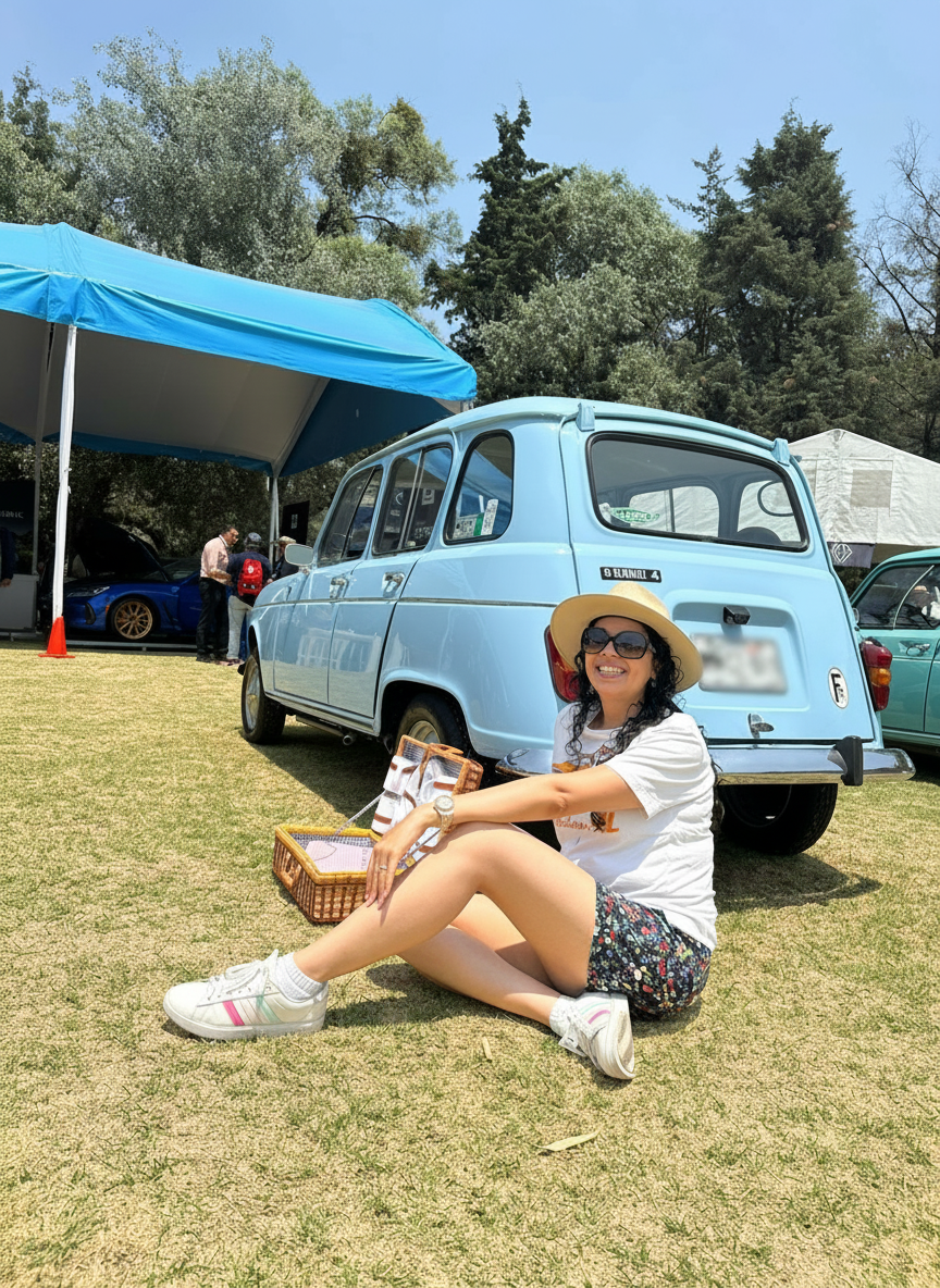 Vista trasera de Renault 4L celeste con picnic en el pasto