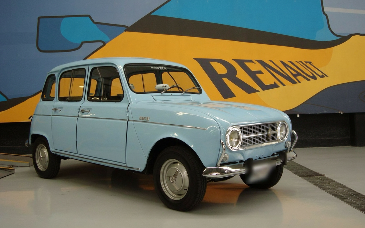 Renault 4L celeste en showroom con mural Renault al fondo