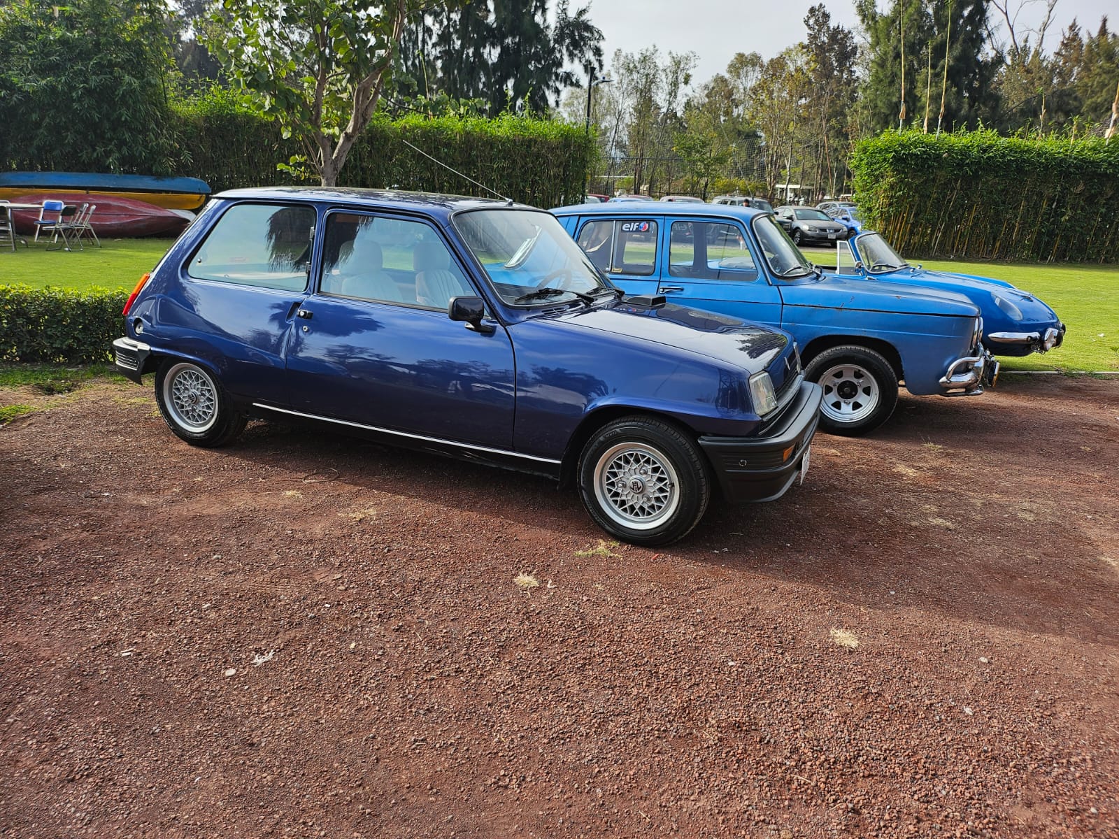 Renault 5 azul oscuro y Dinalpin azul sobre el pasto