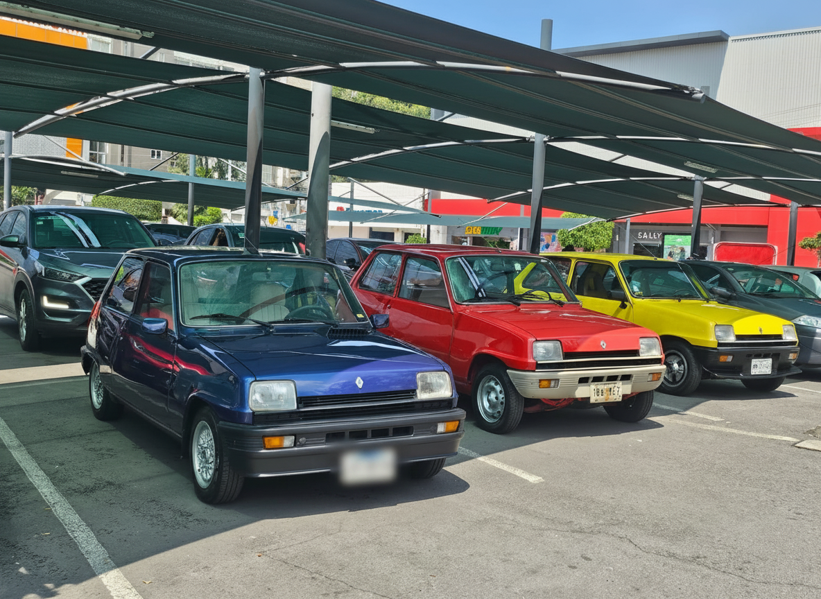 Renault 5 azul, rojo y amarillo bajo estructura techada