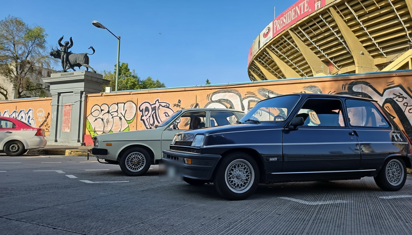 Renault 5 azul frente a la Plaza México