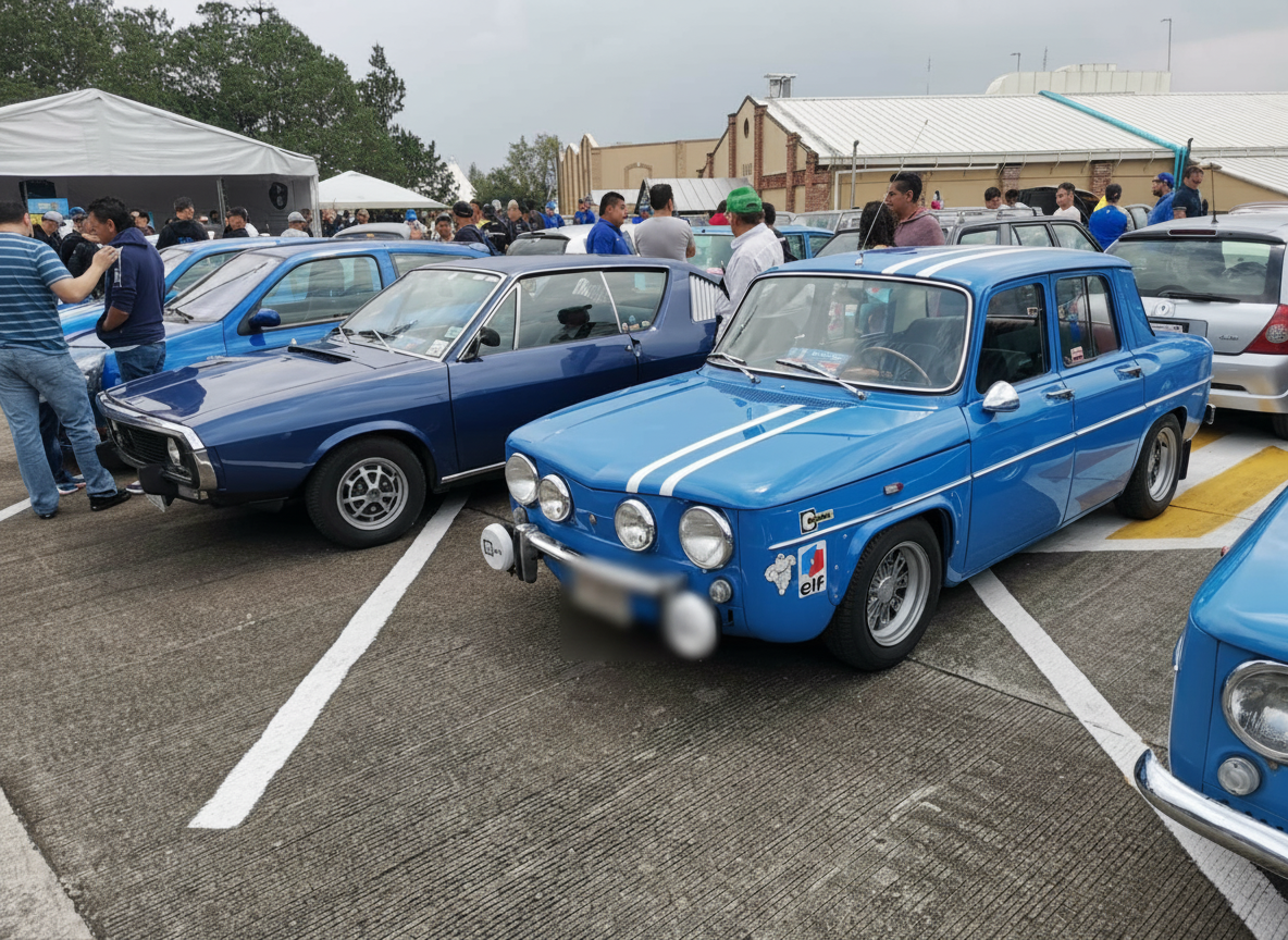 Renault 8 azul con franjas blancas y R12 azul en evento de clásicos
