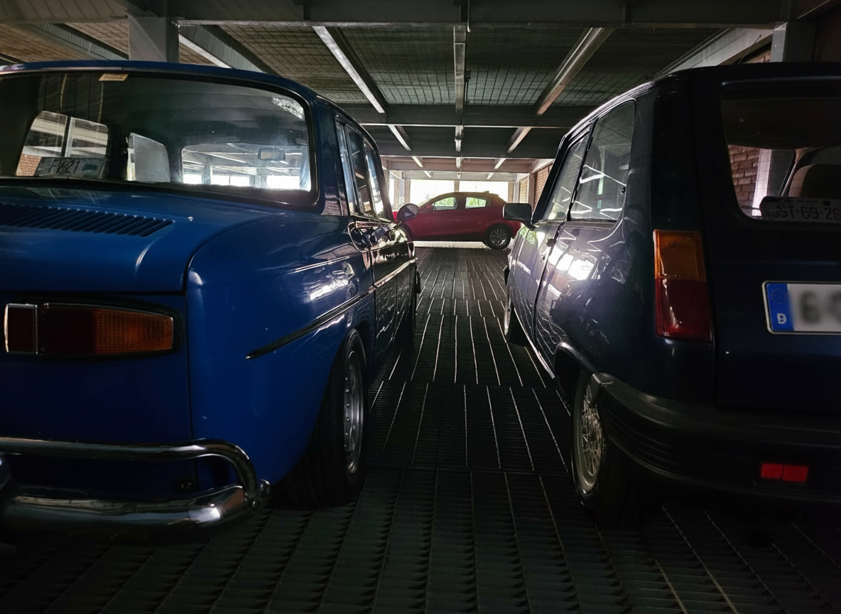 Renault 8 azul y Renault 5 azul en cochera con Renault rojo al fondo