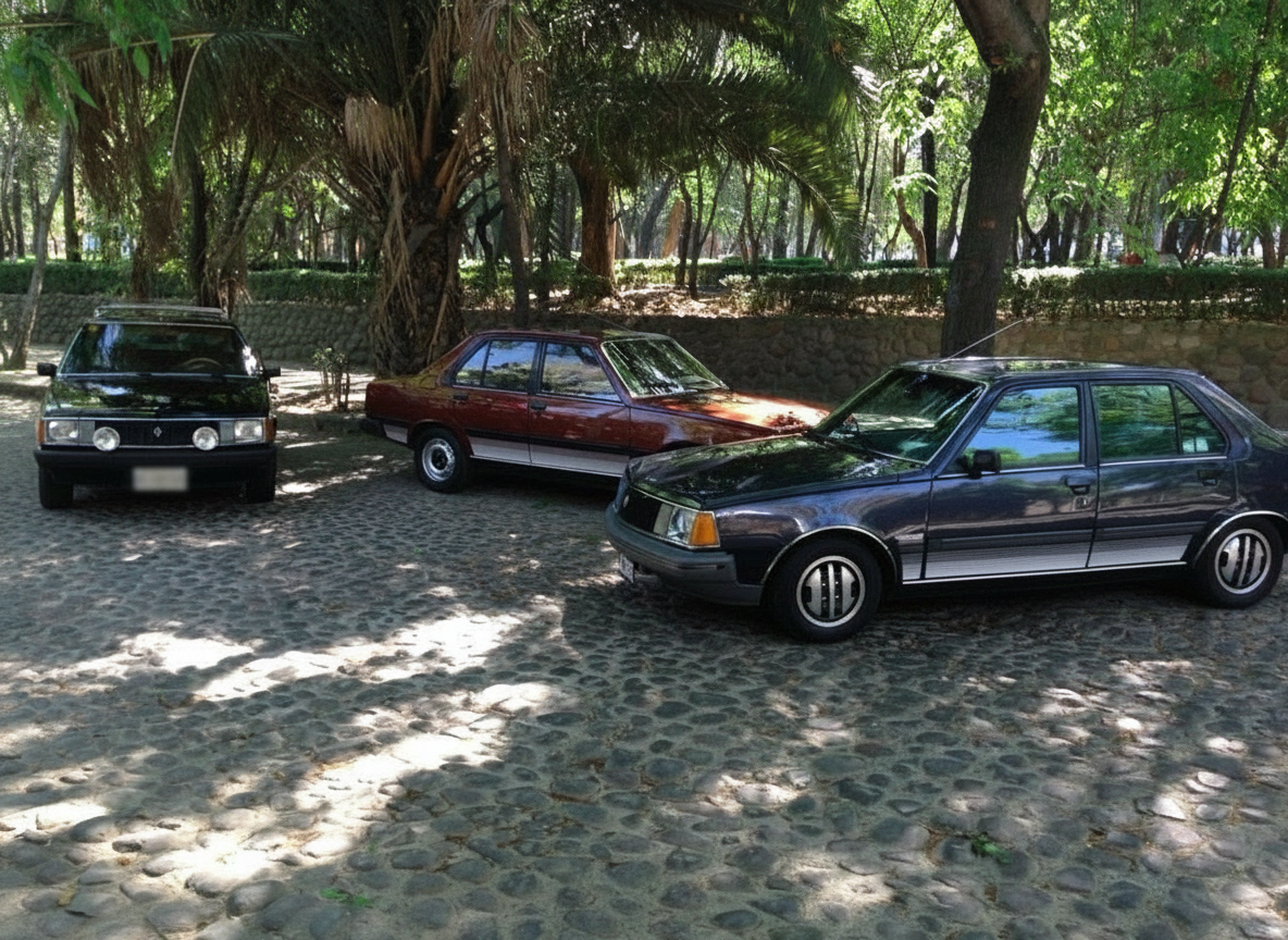Tres Renault 18 estacionados bajo los árboles