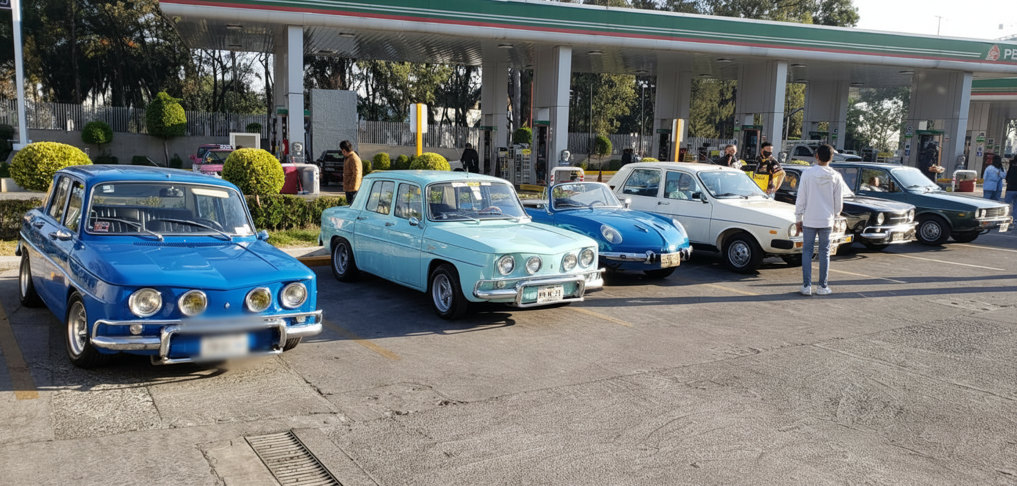 Renault 8 azules y Dinalpin en gasolinera Pemex