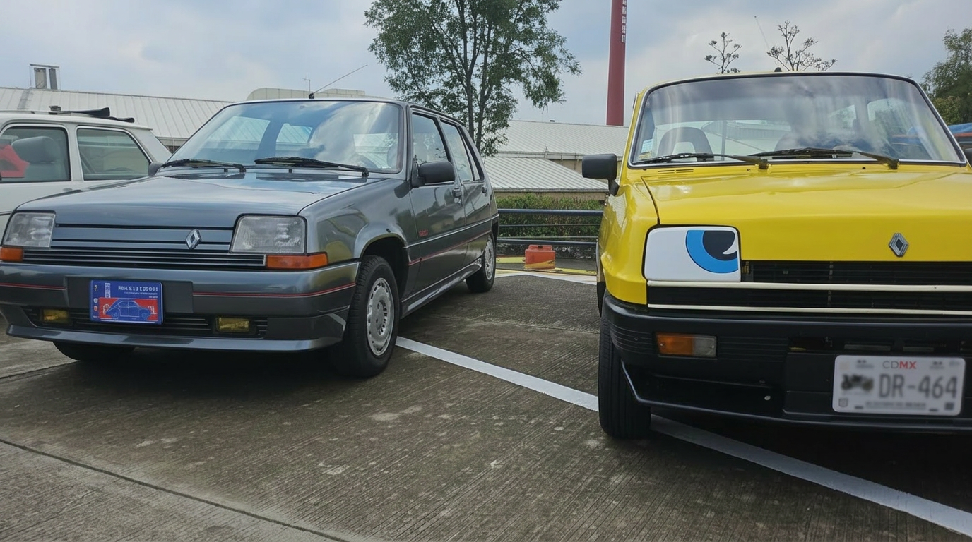 Renault Super 5 GTL gris junto a Renault 5 amarillo en evento
