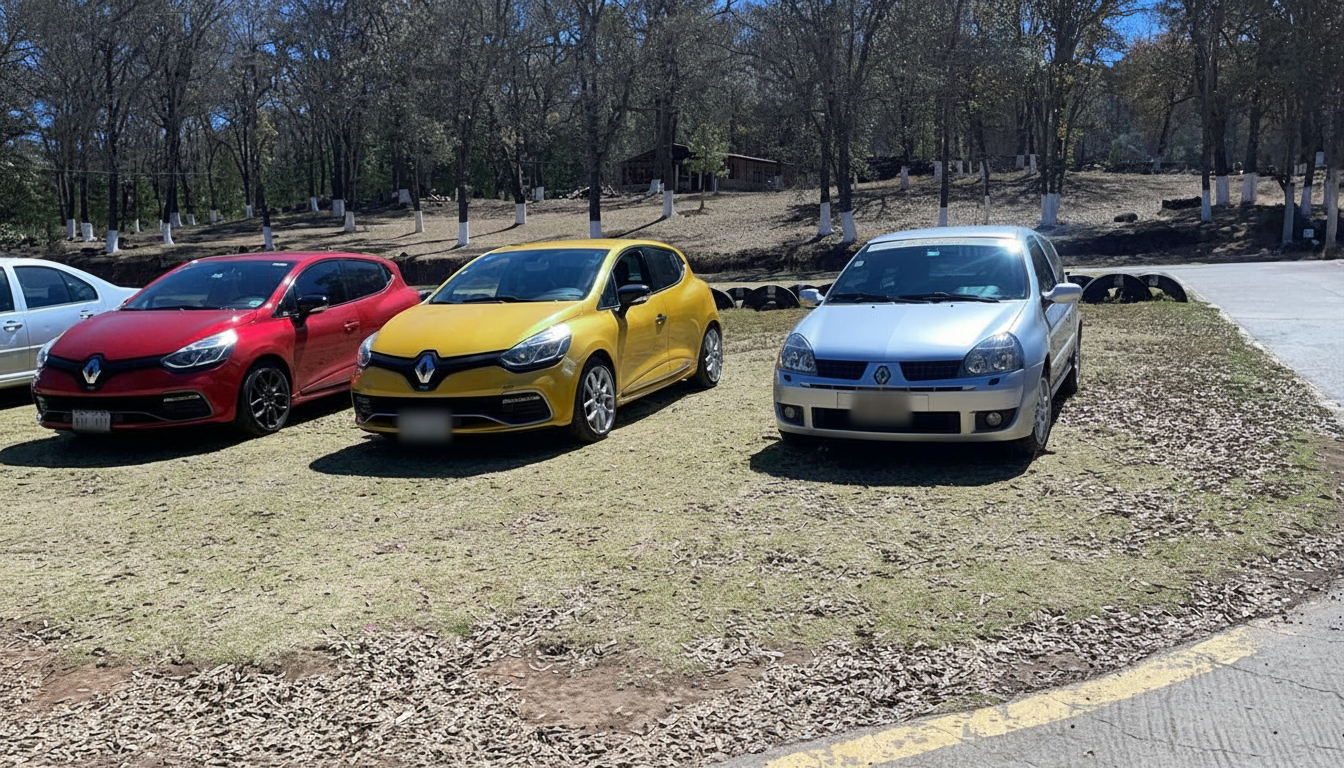 Tres Renault Clio RS rojo, amarillo y plata en Track Day